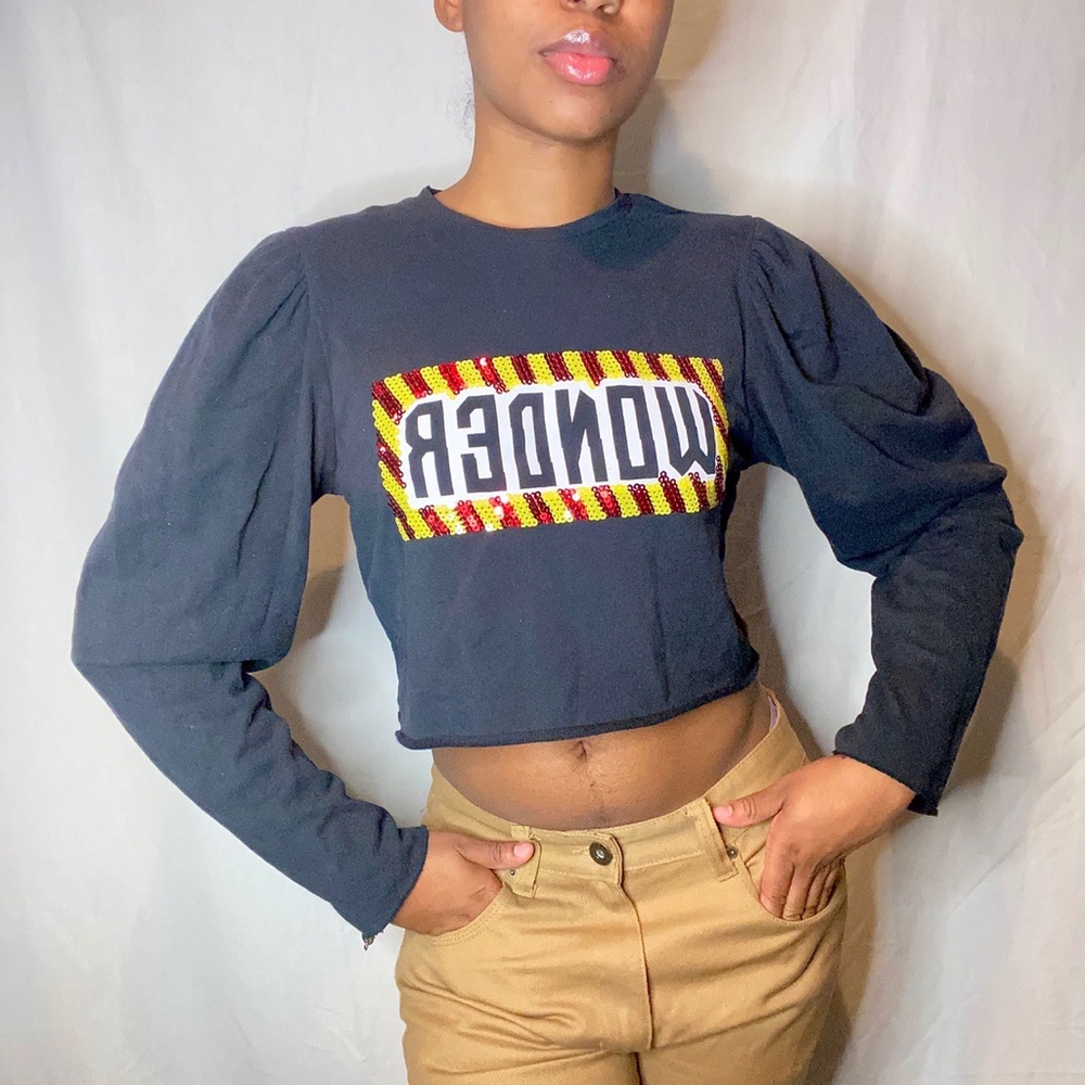 Black cropped puff sleeve graphic printed sequin sweater